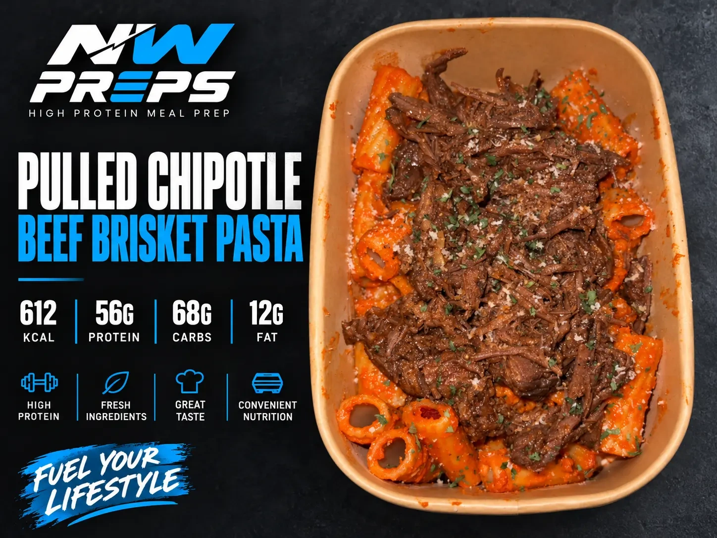 Pulled Chipotle Beef Brisket Pasta — NW PREPS meal artwork with nutrition and tray