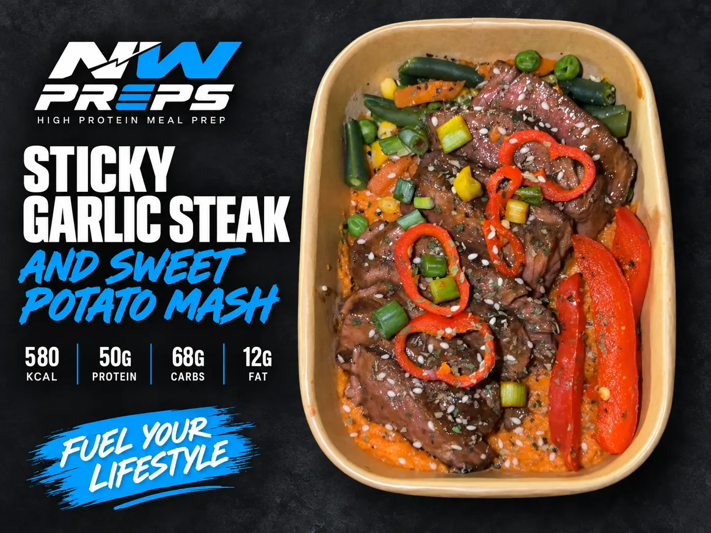 Sticky Garlic Steak and Sweet Potato Mash — NW PREPS meal artwork with nutrition and tray