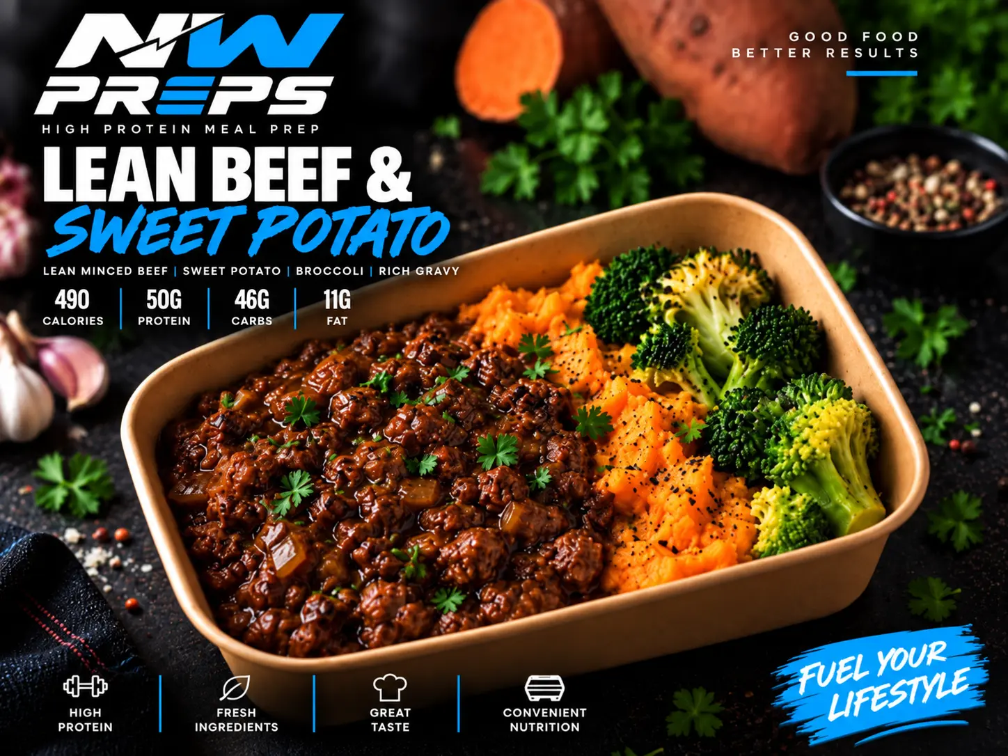 Lean Beef & Sweet Potato — NW PREPS meal artwork with nutrition and tray