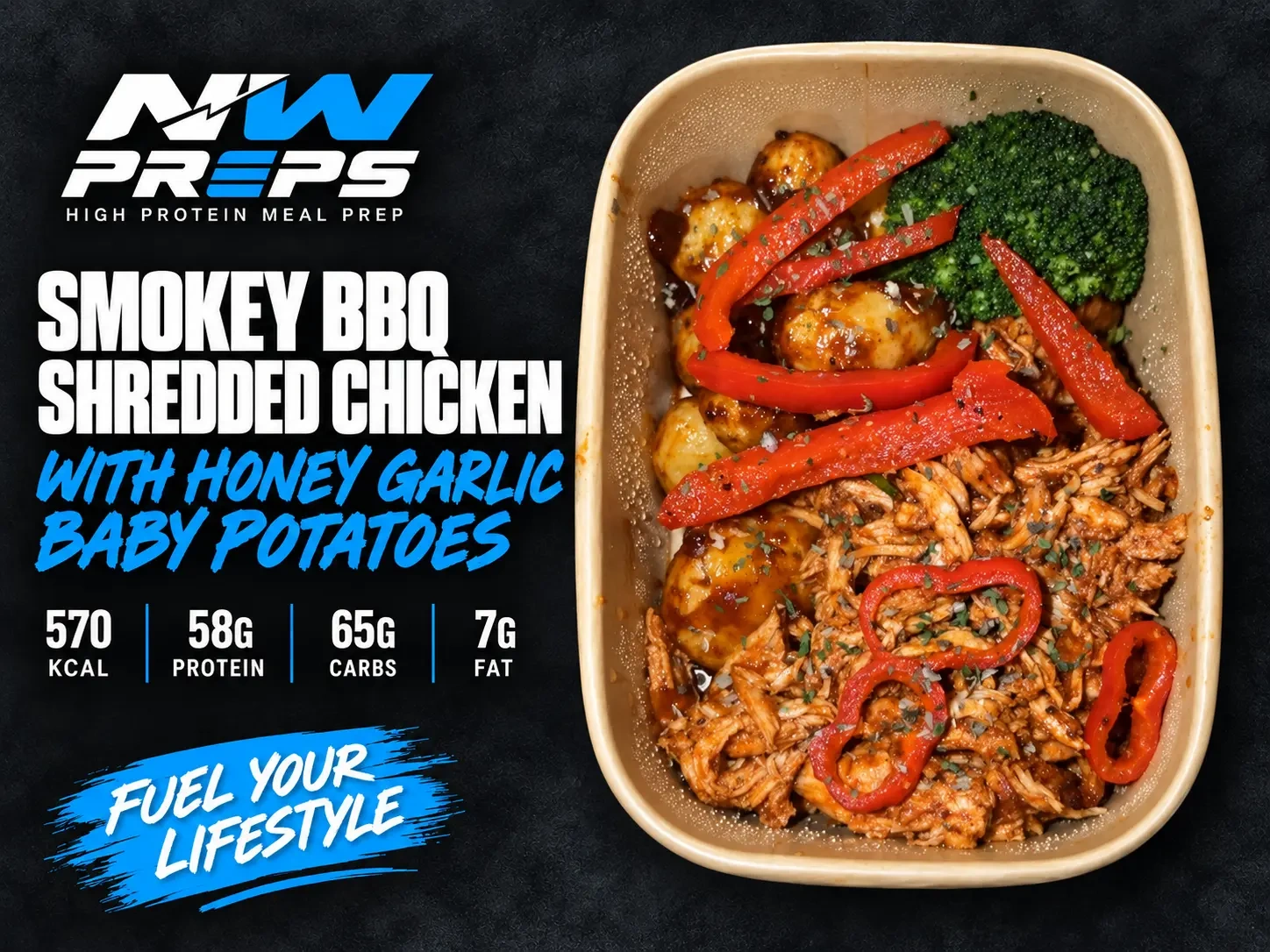 Smokey BBQ Shredded Chicken with Honey Garlic Baby Potatoes — NW PREPS meal artwork with nutrition and tray